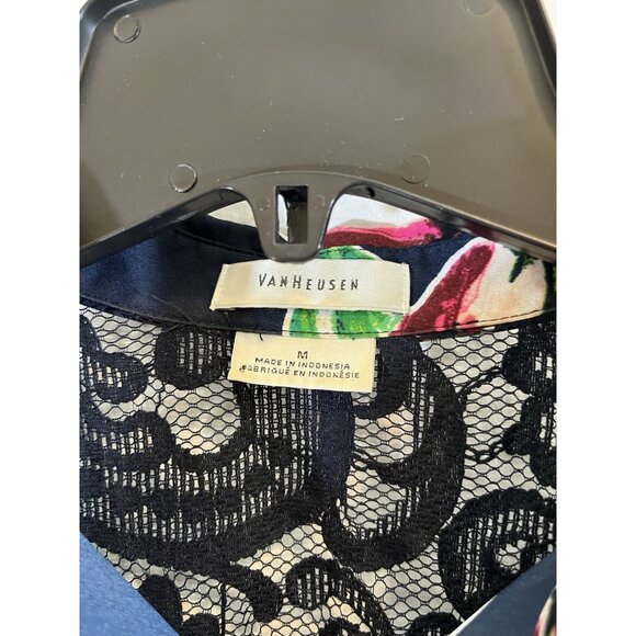 Van Heusen Women's Floral Medium Navy Floral Button Up Lace Back Blouse - Picture 2 of 7